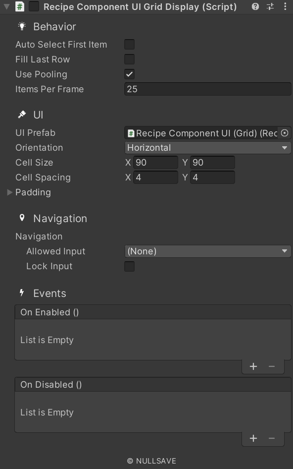 "Recipe Component UI Grid Display"